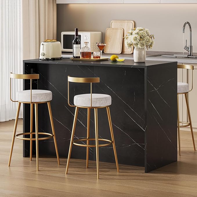 ONBRILL 47.3" Kitchen Island with 2 Storage Cabinets & 4 Drawers, Modern Imitation Marble Dining Table with Power Outlet, Island Bar Table for Kitchen, Dining Room, Living Room, Black