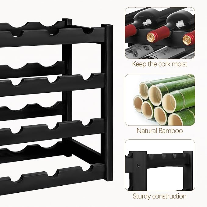 VASMIA Wine Rack, 4-Tier Bamboo Wine Racks Countertop,Sturdy and Durable Wine Storage Cabinet Shelf,16 Bottles Wine Holder for Kitchen Pantry, Black
