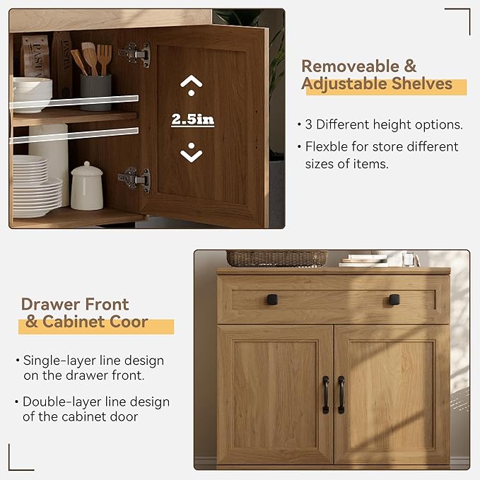 FENSULN Buffet Sideboard Cabinet Farmhouse 3 in 1 Modern Storage Cabinet with Drawer and Doors for Kitchen, Coffee Bar, Living Room, Oak