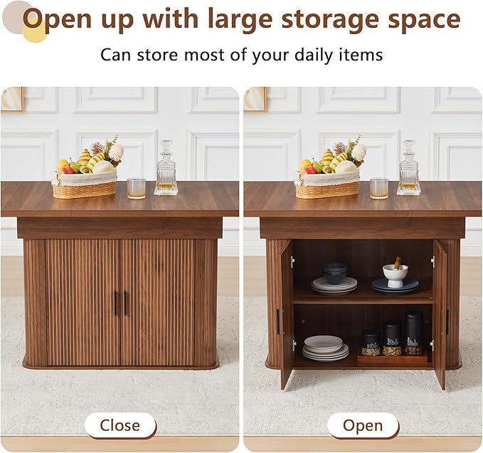 weselon 55"-71" Extendable Dining Table with Storage, Expandable Kitchen Table for 4-6, Space Saving Dining Room Table with Hidden Storage Cabinet, Adjustable Shelves & Fluted Base (Walnut)