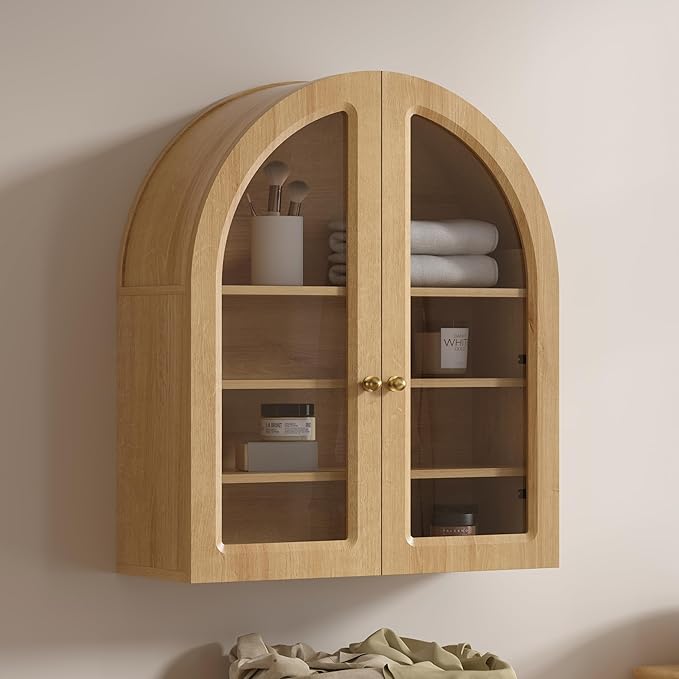EYYTHUNG Arched Wall Cabinet, Large Bathroom Medicine Wall Mounted Cupboard, Farmhouse Floating Storage Cabinet with Acrylic Door Adjustable Shelf, Wood Organizer (Natural Oak)