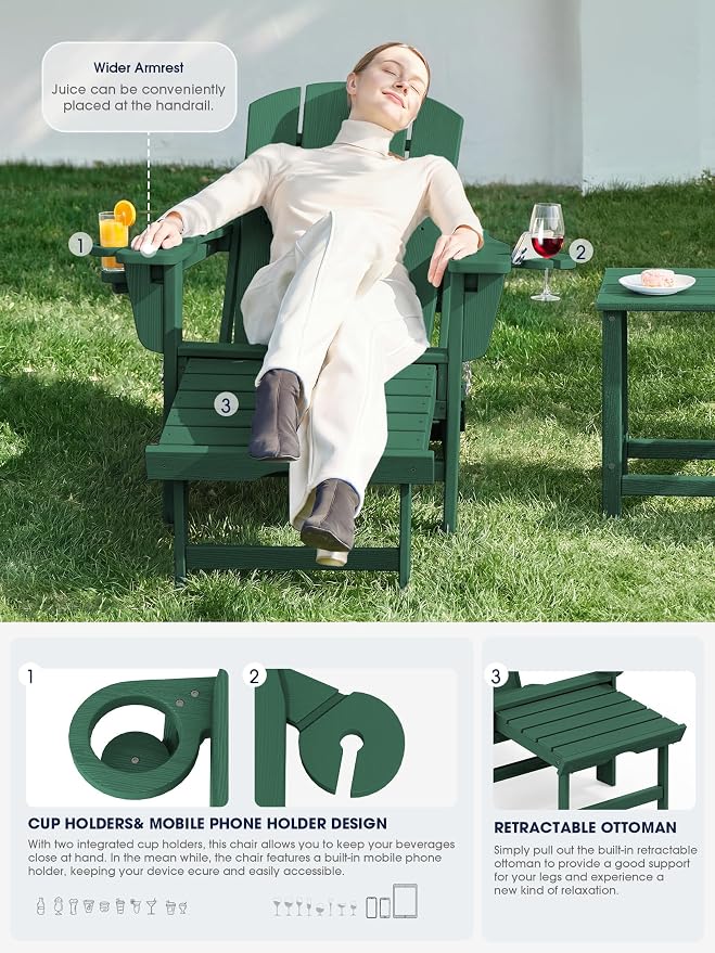 KINGYES Adjustable Folding Adirondack Chair with Ottoman & 2 Cup Holders Set of 2, HDPE Adirondack Reclining Chair with Footrest, Green