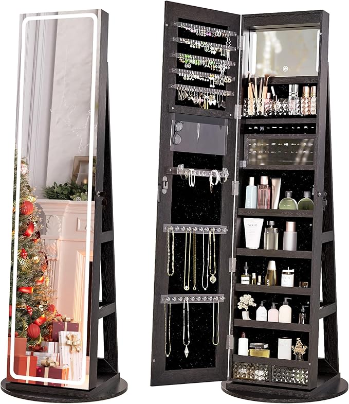 Zamildon's LED Mirror Jewelry Armoire, 360° Swivel Full Length Mirror Cabinet, Freestanding Mirrored Jewelry Organizer with LED Lights and Storage Shelves, Black