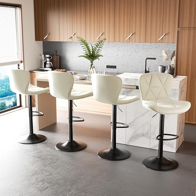 Nalupatio Modern Bar Stools Set of 4, Adjustable Faux Leather Upholstered Swivel Bar Stools, Counter Bar Chairs with Back for Kitchen Island, Cream White