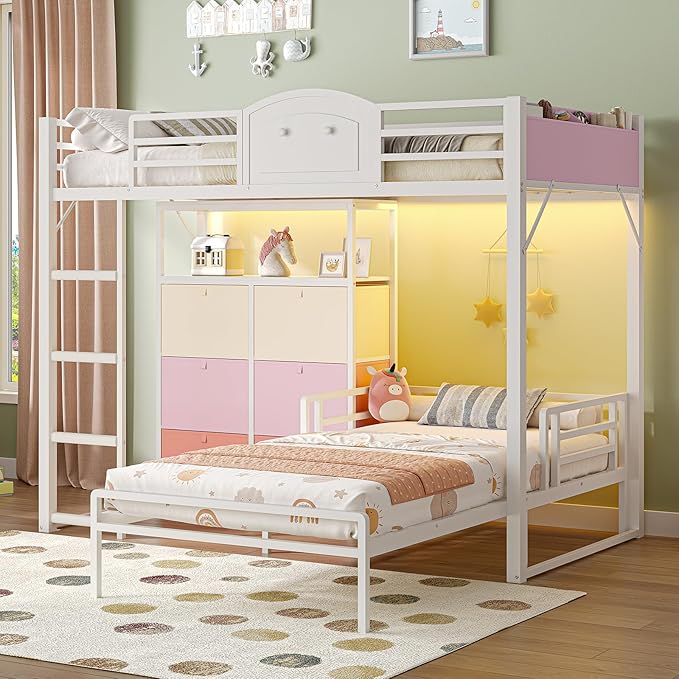 AOGLLATI Bunk Bed Twin Over Twin with 6 Storage Drawers for Kids Teens,Metal Led Loft Bed with Bedside Storage,Safety Guardrails for Small Space, No Box Spring Needed,White