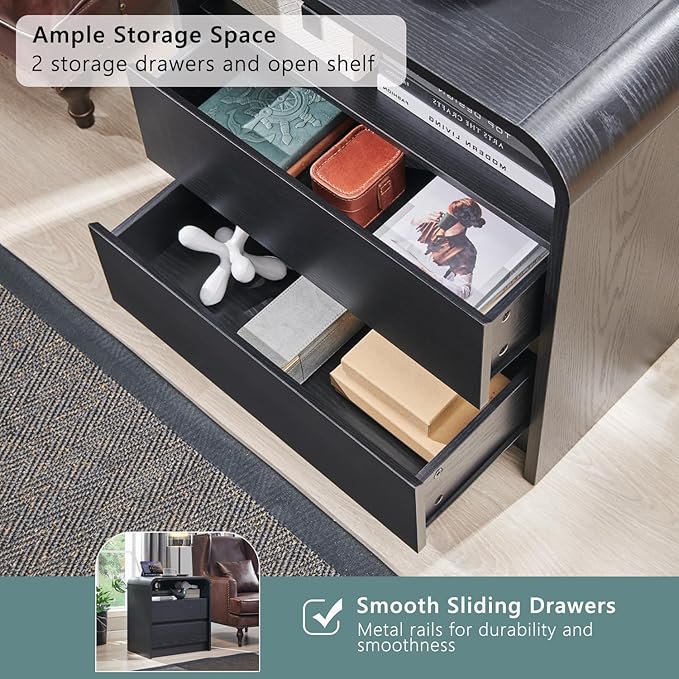 Aitjunz 25" Tall Modern Nightstand Set of 2, 23.6'' Wide Wood Bedside Table w/2 Storage Drawers, Charging Station, Mid Century End Table for Bedroom, Living Room,Curved Profile Design, Black