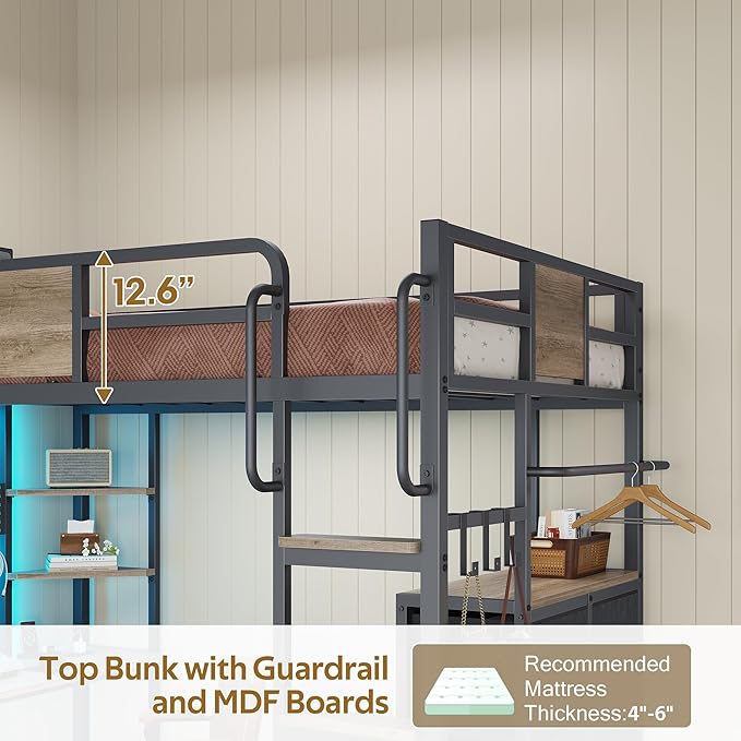 BYSAUD Loft Bed Twin Size, Loft Bed with Desk and 6 Storage Drawers, Twin Loft Beds with Charging Station and 4 Storage Shelves, Bunk Bed with Safety Guard & Ladder, No Box Spring Needed, Oak Gray