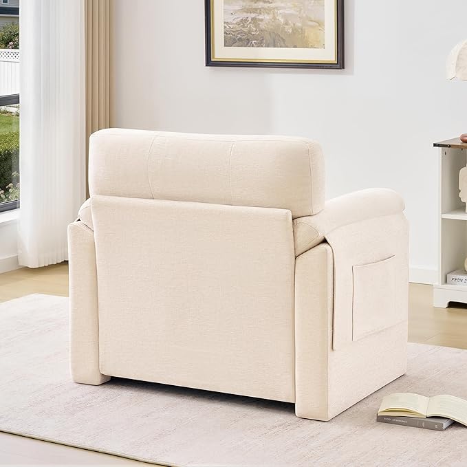 Howjoe Chenille Oversized Armchair, 37.8" Wide Accent Chairs for Living Room & Bedroom Modern Lounge Chair, Upholstered Mid-Century Reading Chair with Arm Pocket, Comfy Living Room Chair, Beige