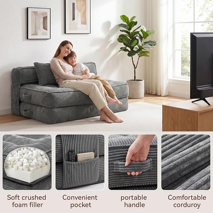 Folding Sofa Bed, Convertible Sleeper Chair with Pillow Foldable Mattress with Back Support, Portable Fold Out Chair Bed Comfy Floor Couch Lounge for Living Room Bedroom Apartment Full