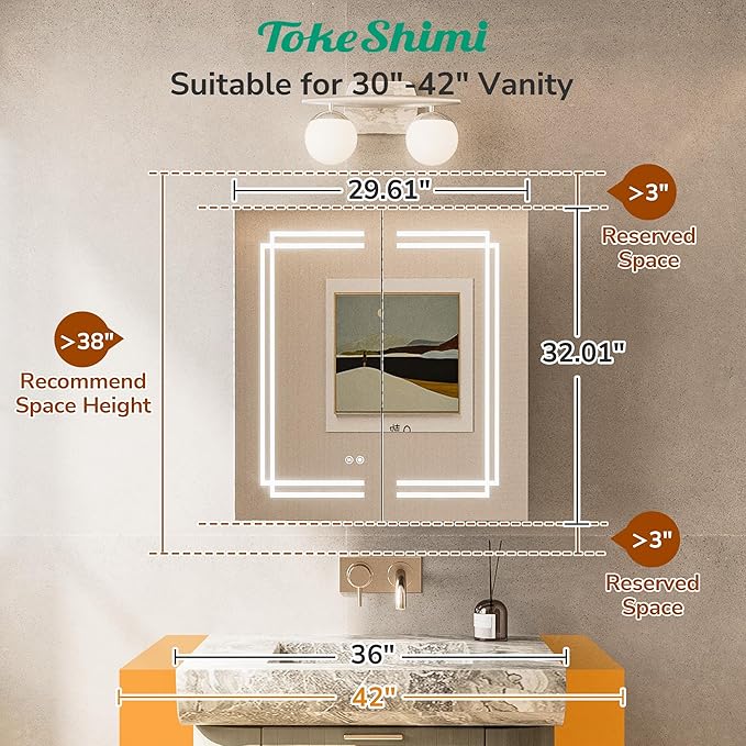 TokeShimi 30x32 Inch Lighted Medicine Cabinet, LED Medicine Cabinet with Lights, Wall-Mounted Bathroom Cabinet Mirror with 3 Color Temperature, Anti-Fog, CRI 80+, Memory Function, Tempered Glass
