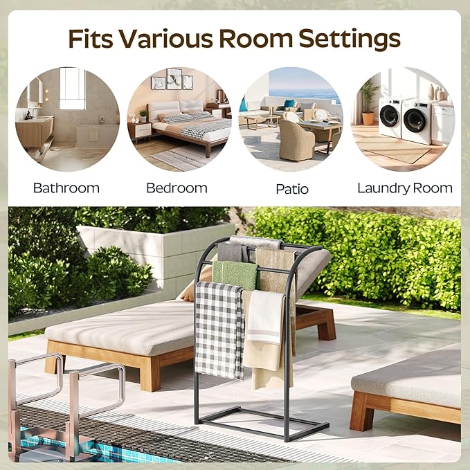 YATINEY Free Standing Towel Rack, 4-Tier Blanket Rack for Bathroom, Pool Towel Stand Display and Drying Rack, Modern Towel Blanket Storage Organizer, Black CJ07BK