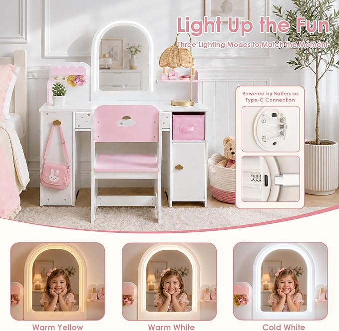 Leeshyah Kids Vanity with Lights and Chair, 3-Color Lighted Mirror Kids Vanity Table and Chair Set, Toddler Vanity Desk with Drawer, Storage Cabinet and Bin, Pretend Play Vanity for Ages 3+