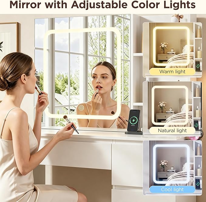 Vabches Make Up Vanity Desk with Charging Station, Vanity Set with Mirror and Stool and Lights,Dressing Table with 4 Drawers & Storage Shelves,37inch, White