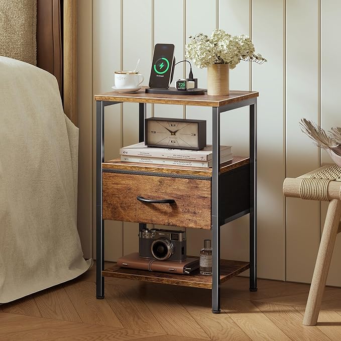 SUPERJARE Nightstand Set of 2, Bed Side Tables with Charging Station, Adjustable Fabric Drawer, Night Stand for Bedroom, 3-Tier Storage End Tables, for Living Room, Rustic Brown