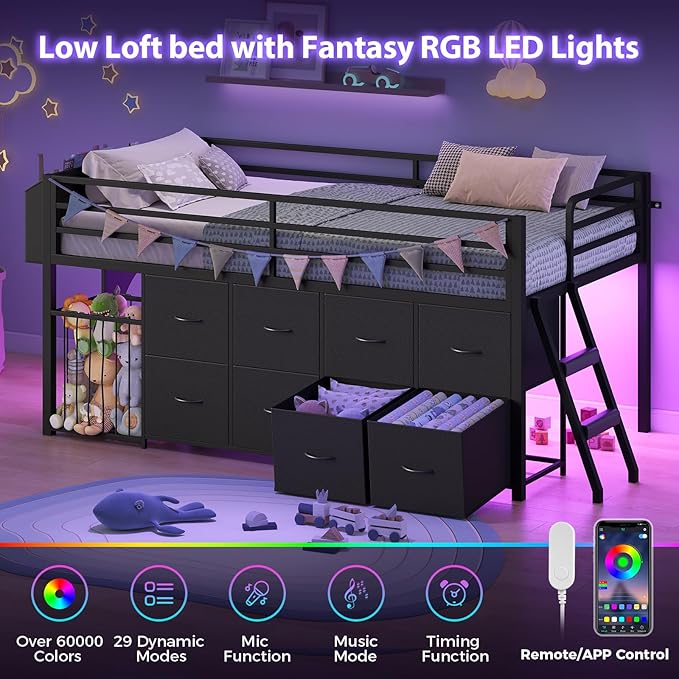 UPOSOJA Twin Size Low Loft Bed with RGB Lights & Play Zone, 8 XL Drawers, Kids Play Loft Bed with 2-Step Ladder & Anti-Tip Kit (Black)