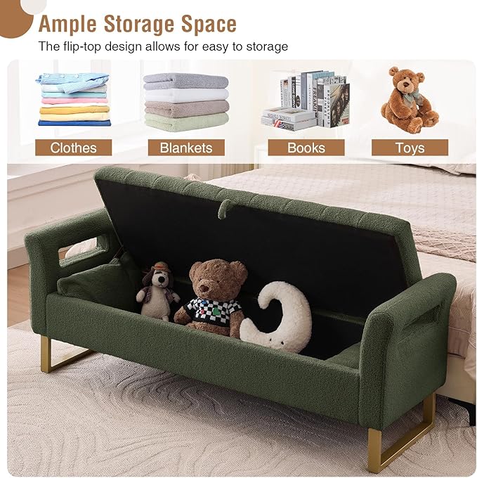 66'' King Size Bedroom Bench with Storage End of Bed, Boucle Bedroom Benches for Foot of Bed with Gold Legs, Teddy Storage Bench with Armrest, Olive Green