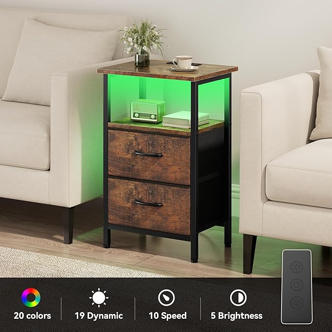 Vagusicc Night Stand Bedside Table Bedroom, LED Nightstand with Charging Station, End Table with USB Ports & Outlets, 24.2" Tall Bed Side Table with 2 Fabric Drawers and Storage Shelf, Rustic Brown
