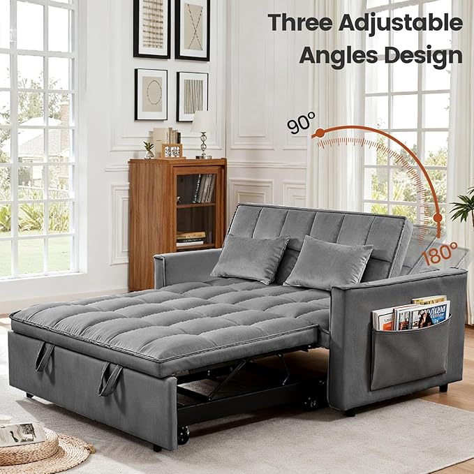Pull Out Couch, Loveseat Sleeper Sofa Bed with Side Pockets, 3 in 1 Velvet Fabric Convertible Sofa Bed with Adjustable Backrest for Living Room, Bedroom, Apartment, Gray