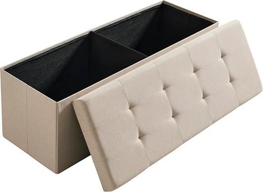 Ornavo Home Folding Storage Ottoman, 43 Inch Extra Large Storage Bench with Lid, Foot Rest Stool for Bedroom, Living Room, Entryway, Tufted Linen Upholstered - Beige
