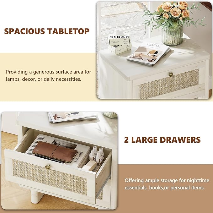 LAZZO White Nightstands Set of 2, Mid Century Modern Night Stand with 2 Rattan Drawers, Bedroom End Tables