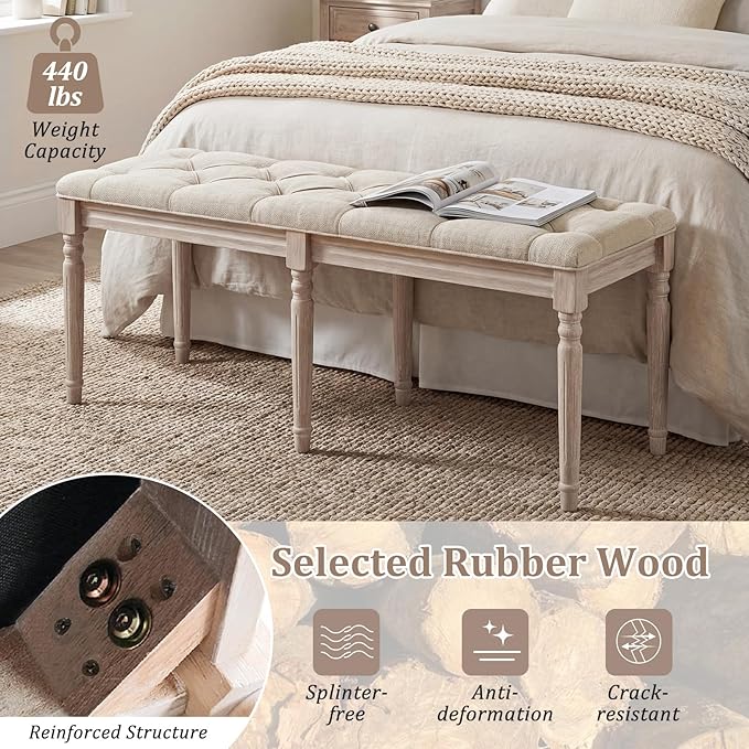 Giantex 47.5-inches Upholstered Dining Bench, 2-Pack Button-Tufted Table Bench with Carved Rubber Wood Legs, Padded Seat, Load 440Lbs, Vintage End of Bed Ottoman for Entryway, Living Room, Bedroom