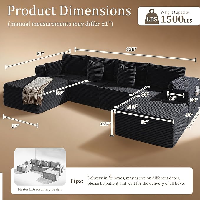 138" Cloud Sectional Couch, Comfort U Shaped Boneless Couch for Living Room, Extra Deep Seats No Assembly, Minimalist Modular Sofa, Corduroy (Black, 3 Seater+Left Facing Chaise+Ottoman)