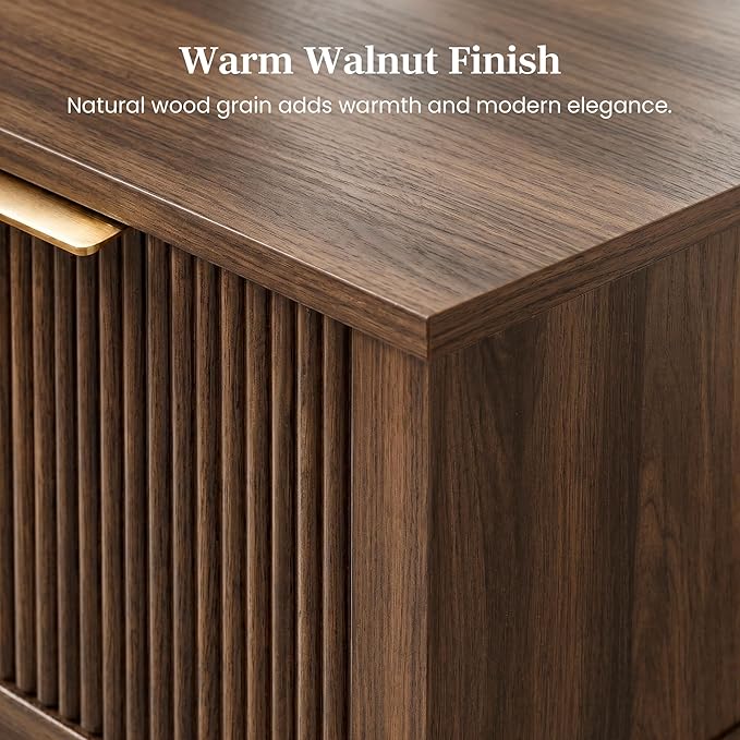 Modern Fluted Small Wood Nightstand, 11.8" Deep x 15.4" Narrow Bedside Table with Drawer & Open Shelf, Mid-Century Rustic Accent End Table for Bedroom & Sofa - Walnut