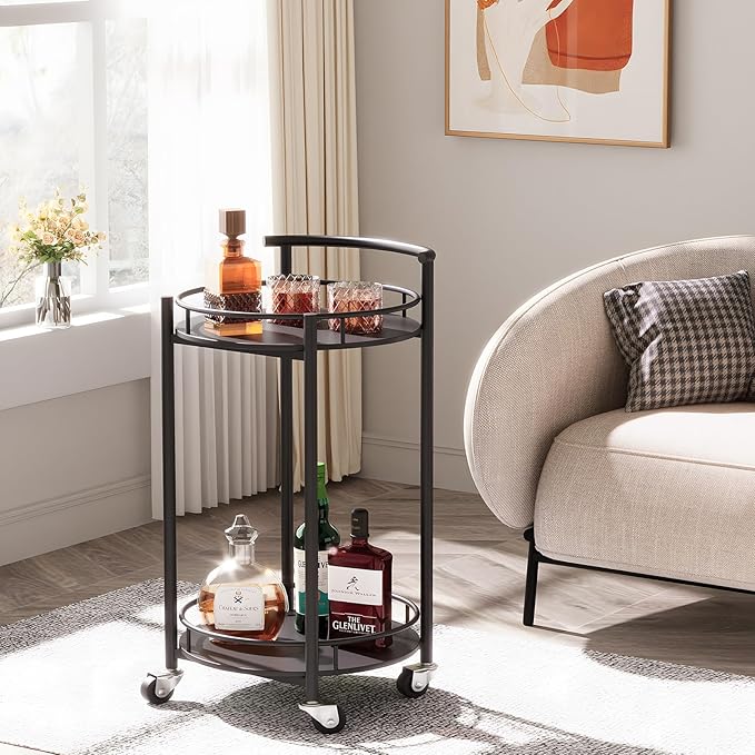 Bar Cart Black Rolling Cart for Home,2 Tiers Bar Serving Cart Round Wine Cart with Handle, Metal Wine Rack and Casters, Serving Bar Trolley for Home Kitchen,Living Room,Christmas,New Year