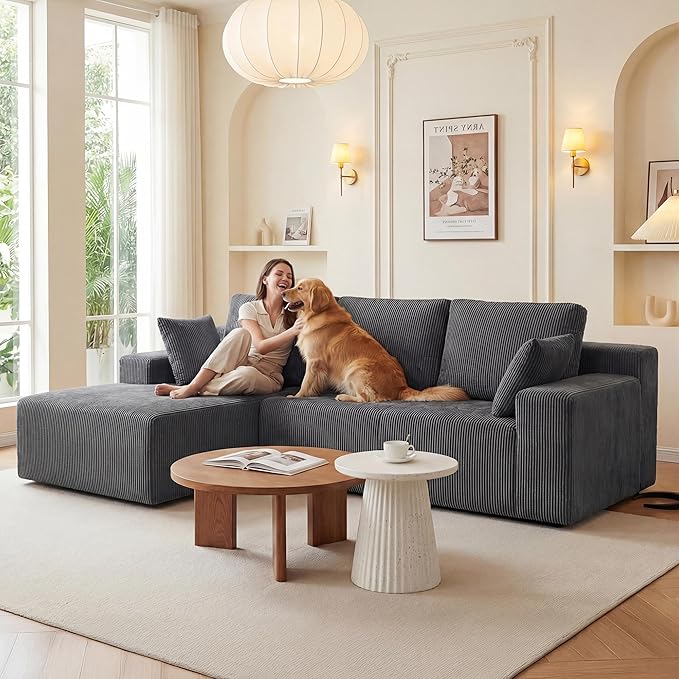 GRUSIGN Cloud Sectional Boneless Couches for Living Room, Modular L Shaped Couch with Deep Seat Oversized Left Facing Chaise, Memory Foam Compressed Spineless 3 Seater Sofa for Apartment, Grey