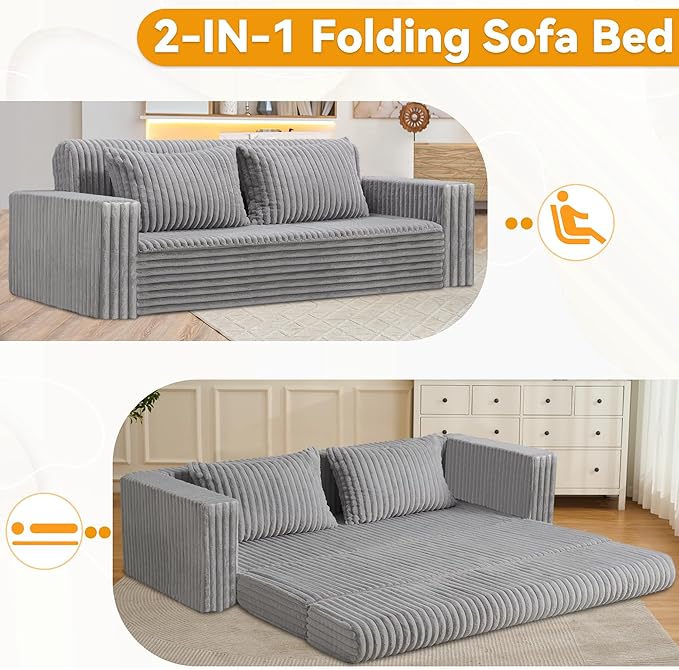 HABUTWAY 78" Loveseat Boneless Couch, 4-in-1 Convertible Sofa Bed, Plush Fur Folding Futon Sofa Bed Couches with 2 Pillows for Living Room, High-Density Foam Support, No Assembly Required, Light Grey