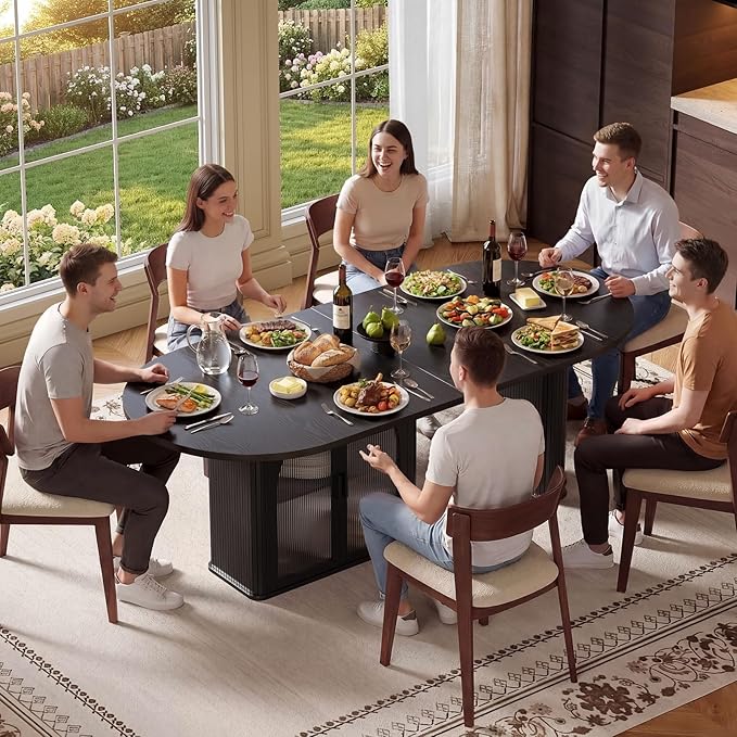 ONBRILL 70 Inch Oval Dining Table for 6-8, Modern Dining Room Table with 2-Tier Storage Space, Wood Kitchen Table with LED Light, Dinner Table with Heavy Duty Legs, Black