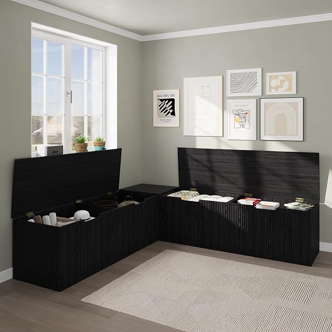 Bobve L-Shape Storage Bench with Cushion, Backless Corner Dining Bench, Kitchen Dining Nook Bench with Hidden Storage for Dining Room, Kitchen, Entryway (Black)