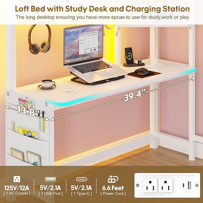 BYSAUD Loft Bed with Desk, Loft Bed Twin Size with 6 Storage Drawers & 4 Storage Shelves,Twin Loft Beds with LED Lights & Charging Station, Bunk Bed with Safety Guard, No Box Spring Needed, White