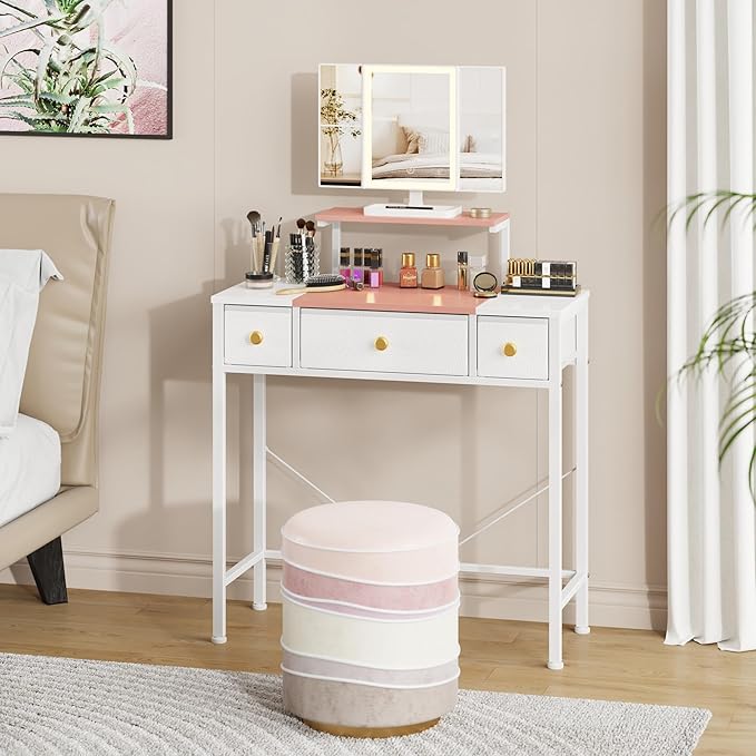 HIGDBFE Small Makeup Vanity Desk 27.5''W with Mirror and Lights, Vanity Desk with 3 Fabric Drawers and Height-Adjustable Stand, Vanity Table for Girls Gifts, Bedroom and Small Spaces, White&Pink