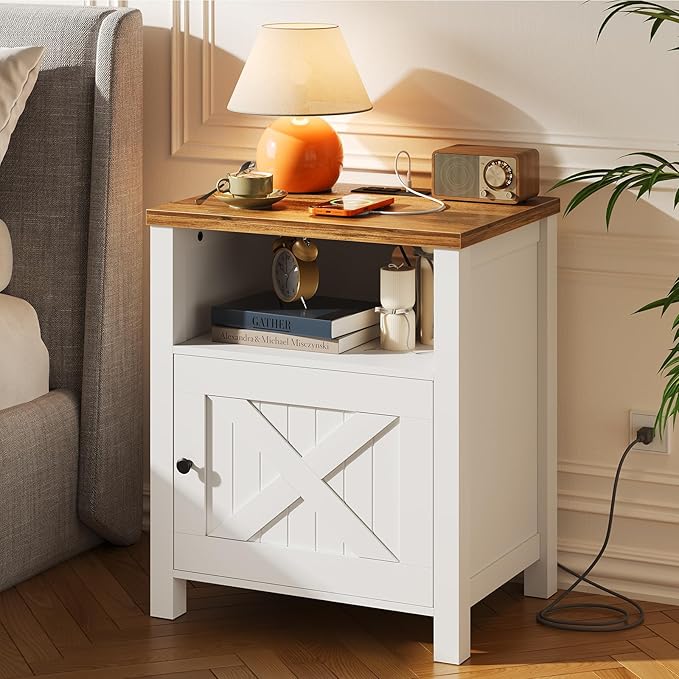 Marsail Farmhouse Nightstand Set of 2, Wood Bedside Table with Charging Station, Night Stand with Shelf and Doors, End Table with Storage Side Table for Bedroom, White & Walnut