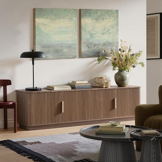 win2win 67" TV Stand for 80 Inch TV, Mid Century Modern Fluted Entertainment Center with Faux Marble Top, Curved Corners, Minimalist Media Console with Storage for Living Room Bedroom, Walnut