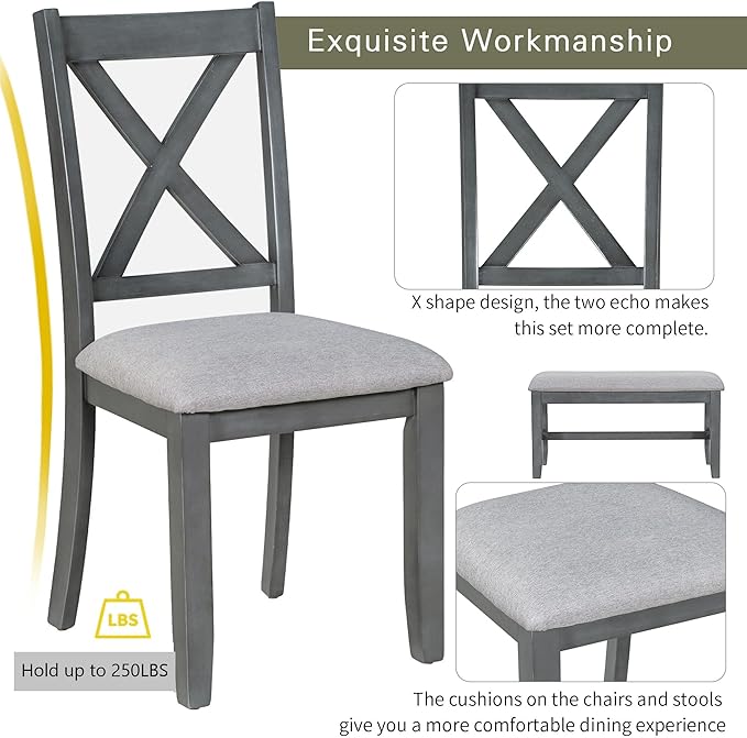 Harper & Bright Designs 6-Piece Family Dining Room Set Solid Wood Space Saving Foldable Table and 4 Chairs with Bench for Dining Room (Gray)