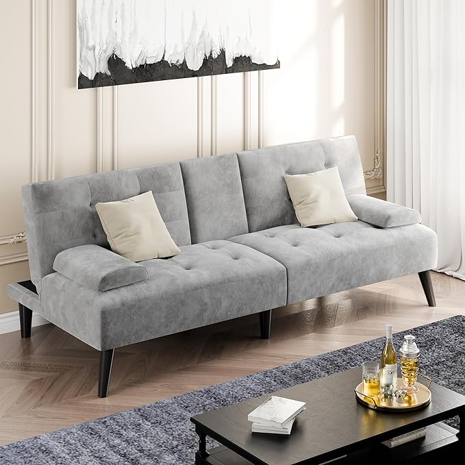 Shintenchi Futon Sofa Bed, Velvet Foldable Couch, Reclining Sleeper with Removable Armrests, Upholstered Loveseat Sofa Couch with Folding Cup Holders for Home, Office, Light Gray
