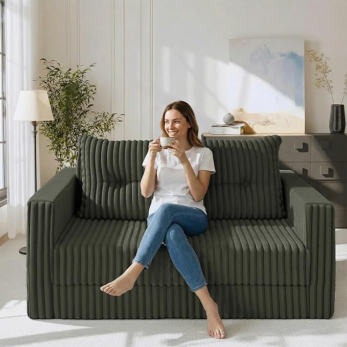 HABUTWAY 49.8" Loveseat Boneless Couch, 4-in-1 Convertible Sofa Bed, Plush Fur Folding Futon Sofa Bed Couches with a Pillow for Living Room, High-Density Foam Support, No Assembly Required, Green