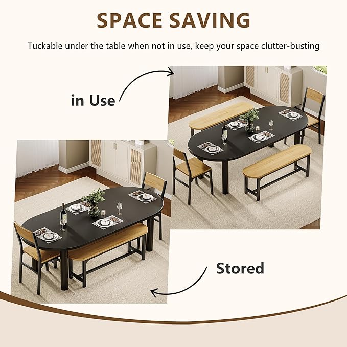 Feonase Dining Chairs and Benches Set of 4, Modern Dining Room Chairs with Ergonomic Backrest, Wood Structure & Metal Legs, for Kitchen, Dining Room, Space-Saving, Easy to Assemble & Clean, Natural