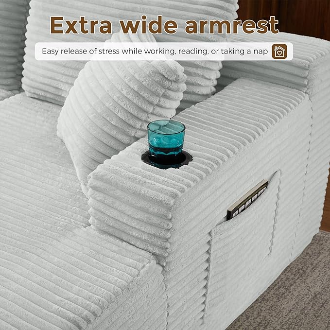 133" Oversized Cloud Boneless Sofa Couch with Chaise, Modern Corduroy Modular Sectional Sofa with Deep Seat, Comfy Couch with cupholders and Storage, No Assembly Required-Light Grey