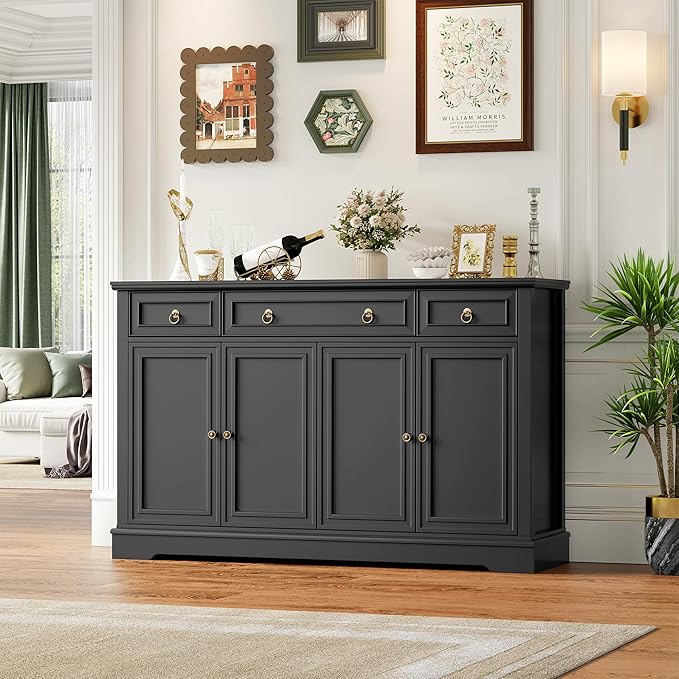 FINETONES Buffet Cabinet with Storage, 52.7" Large Sideboard Buffet Table, Black Kitchen Cabinet with 3 Drawers and 4 Doors, Wood Coffee Bar for Kitchen Dining Room, Black