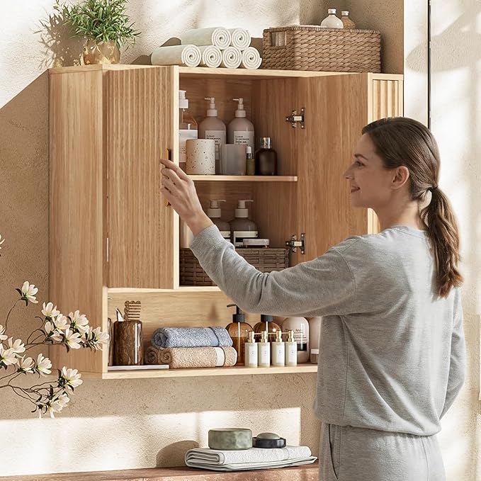 Vabches Bathroom Wall Cabinet, 3-Door Fluted Wooden Wall Cabinet with Open Shelf, Oak Color Wall Cabinet for Bathroom Storage for Bathroom, Kitchen, Laundry Room