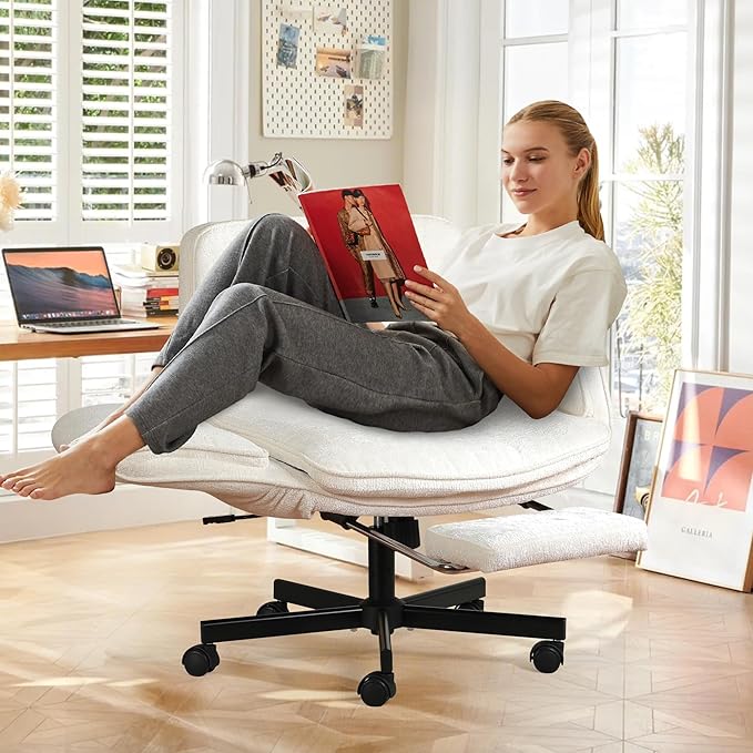 Criss Cross Chair with Footrest & 5 Level Folding Arms Full Relaxation, Wide Cross Legged Office Chair for Home Office, Comfy Swivel Desk Chair with Ottoman, Chenille Vanity Chair (White)