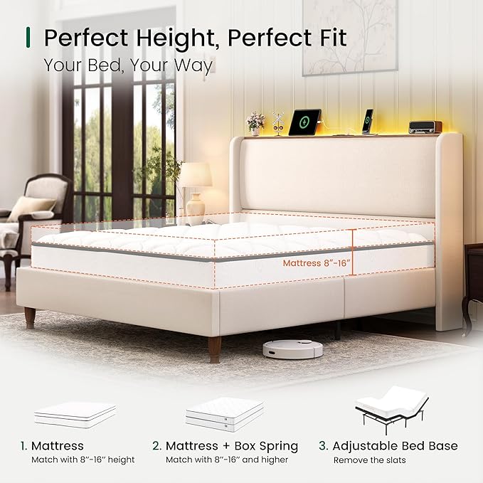 LARMACE Queen Size Bed Frame with LED Lights and Charging Station Linen Upholstered Platform Bed Frame with 51.2" Tall Headboard Wingback and Storage Shelf, No Box Spring Needed, Noise Free, Beige