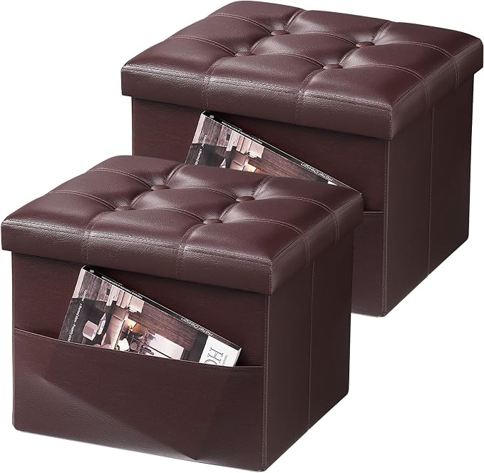 AmasSmile 2PC Storage Ottoman Folding Foot Rest Stool with Side Pocket, 16 inch Leather Footstool Bench, Short Ottoman Bench, Storage Foot Rest Store, Books, Brown