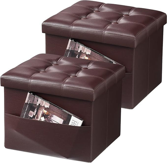 AmasSmile 2PC Storage Ottoman Folding Foot Rest Stool with Side Pocket, 16 inch Leather Footstool Bench, Short Ottoman Bench, Storage Foot Rest Store, Books, Brown