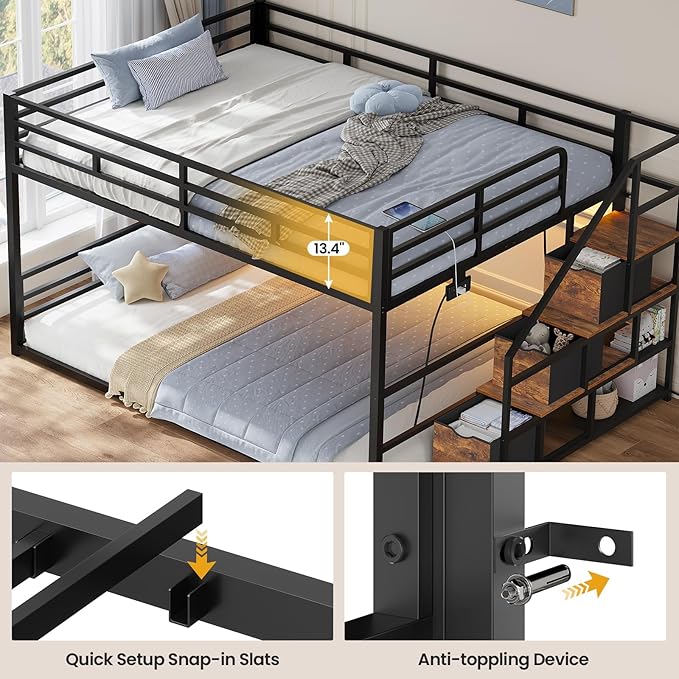 ADORNEVE Low Bunk Bed Full Over Full with Stairs, 3 Storage Drawers & Power Outlet, Full Size Metal Floor Bunk with RGB Lights & Shelves, Space-Saving Kids Bed, Black & Brown