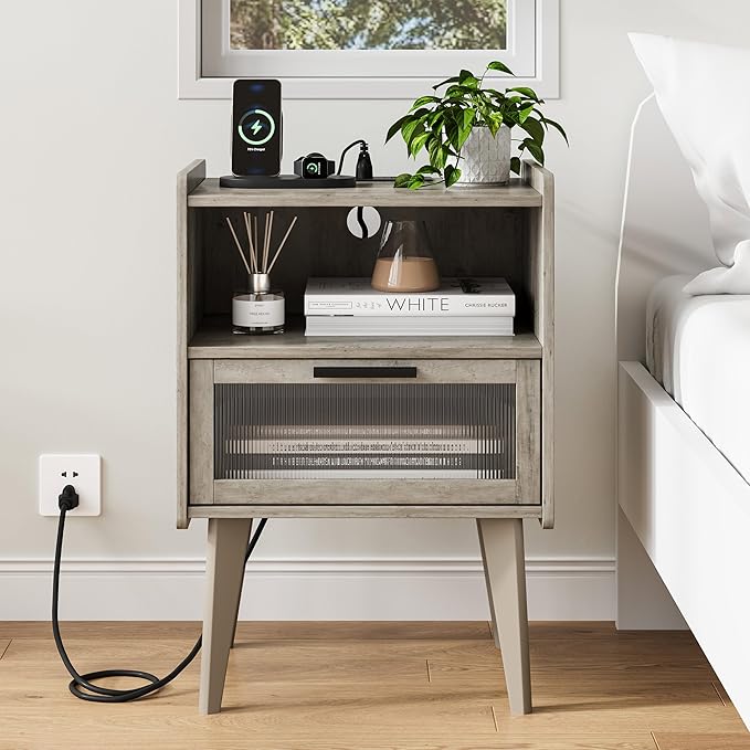 MMEOLUOOK Nightstand with Charging Station, Bedside Tables Oak Grey End Table Side Table with 2 Tiers Storage Space, for Bedroom Living Room MLBZ07GE