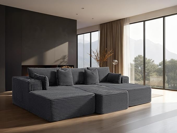 108" Cloud Sectional Couch, Comfort Sleep Sofa for Living Room, Extra Deep Seats No Assembly, Minimalist Modular Couch, Corduroy (Dark Grey, Widen Loveseat Chaise)